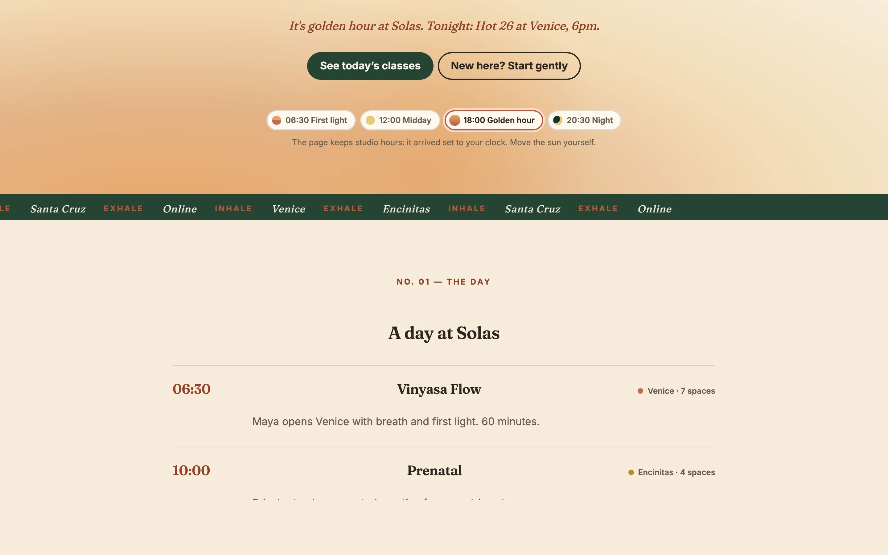 Solas Yoga homepage screenshot